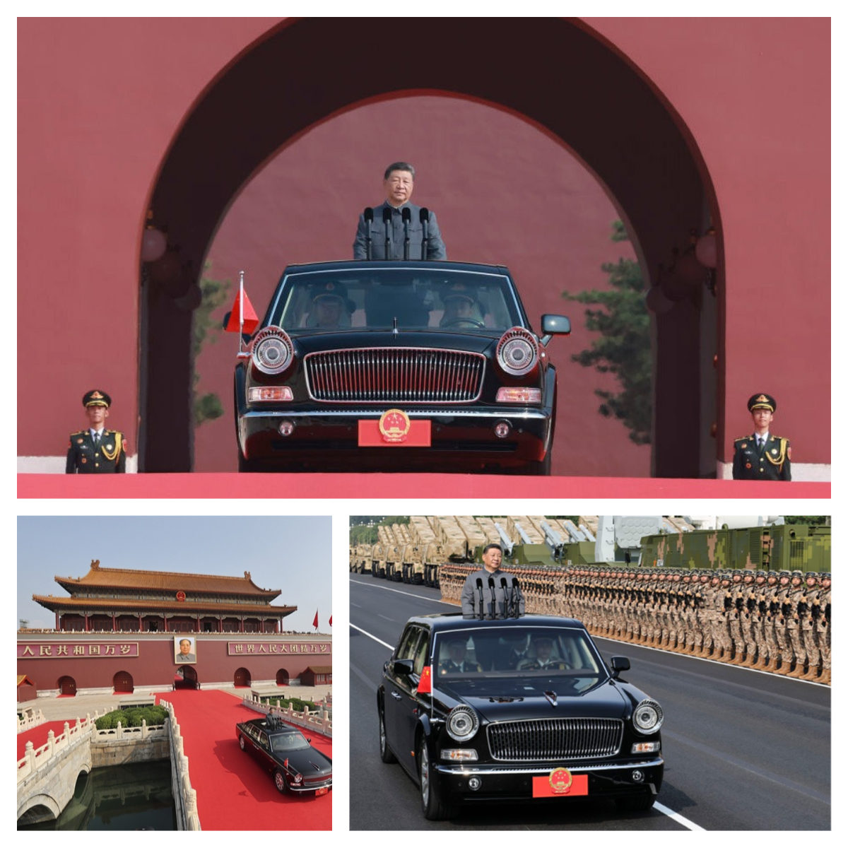 習(xí)主席身著中山裝，乘坐紅旗檢閱車緩緩駛出天安門城樓